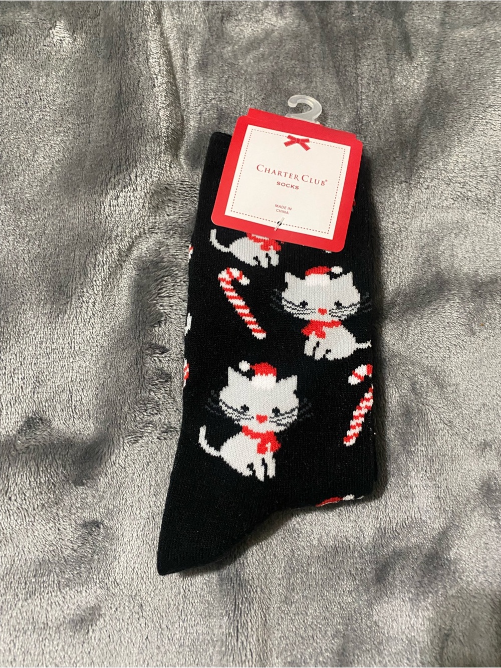 Charter Club Black Socks with White Kitty & Red Candy Canes